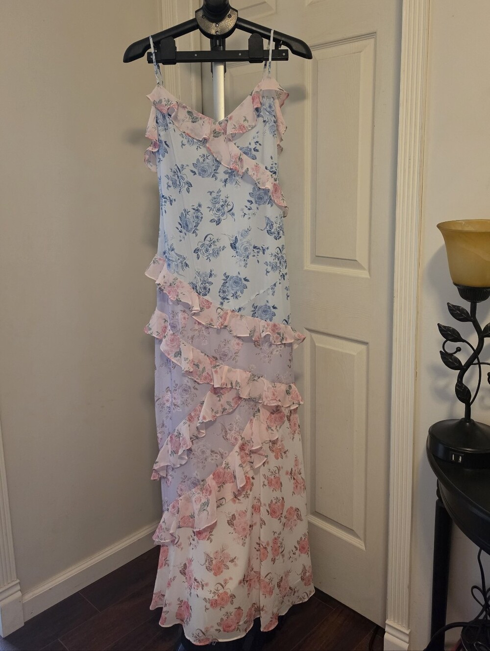 Altar'd State Mirelda Pink & Blue Floral Ruffle Tiered Maxi Dress - Picture 3 of 8